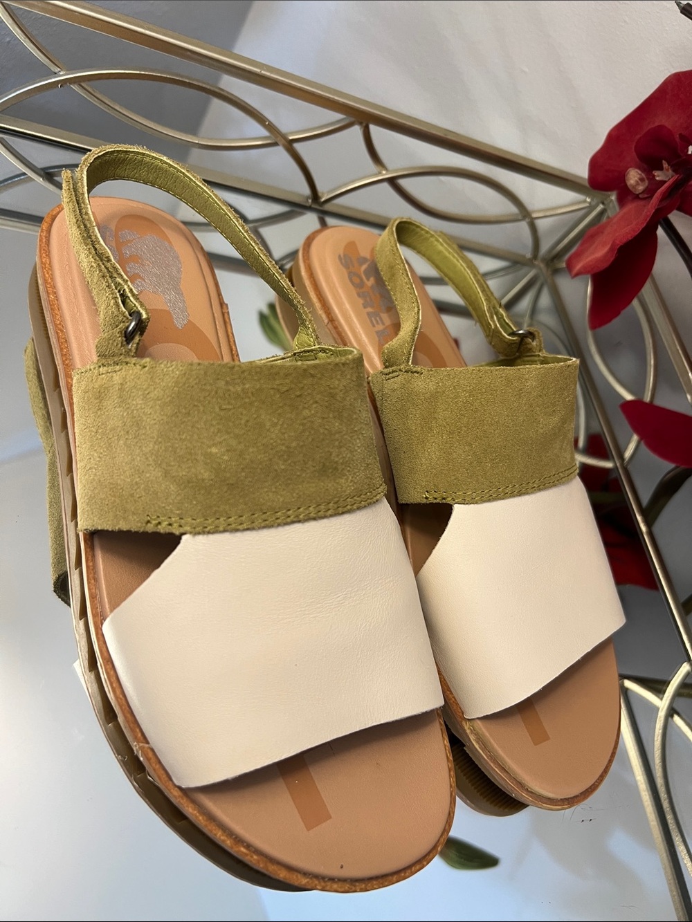 SOREL Ella II Slingback Sandals Olive Green Suede Cream Leather Size 7.5